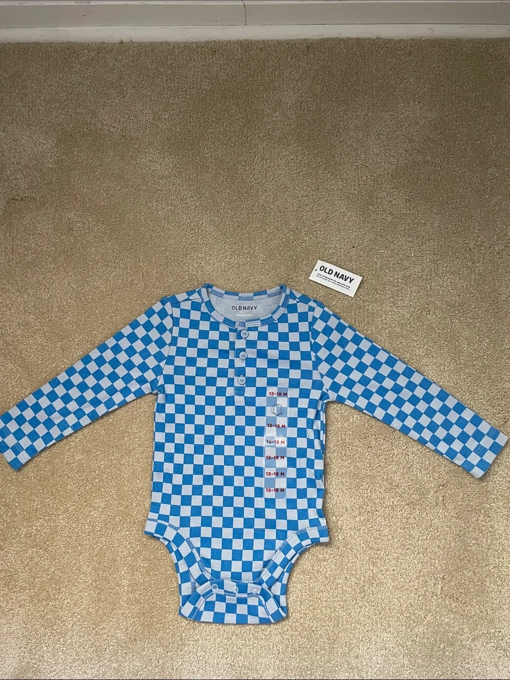 Old Navy Blue and White Checkerboard Long-Sleeve One-Piece size 12-18 months NEW